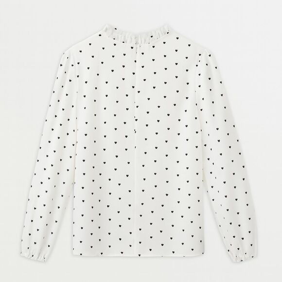 White Ruffle Mock Neck Long Sleeve Blouse Black Heart Print Women’s Size M - Picture 4 of 11